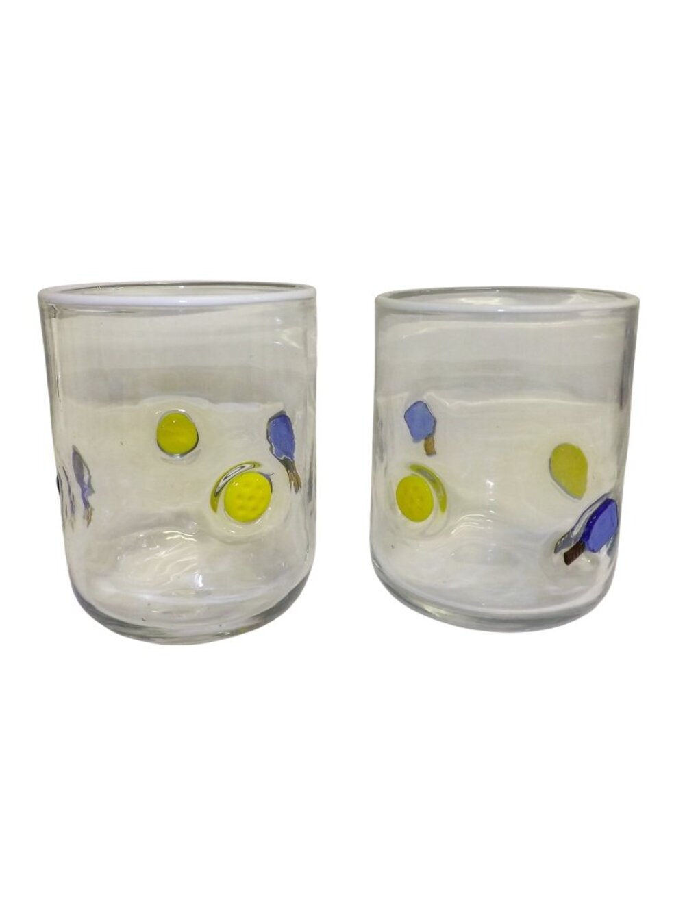 Anthropologie Pickleball Icon Juice 2 Glasses Handmade Glass Raised Paddle Ball